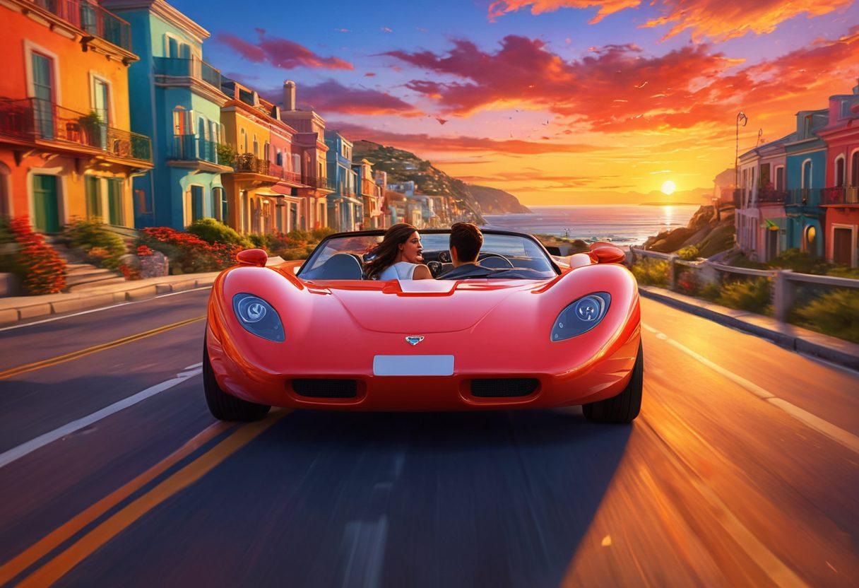 A dynamic scene featuring a romantic couple sharing a joyous moment inside a colorful racing car on a scenic coastal road. In the background, stylized elements of a bustling city with stunning sunsets, symbolizing the thrill of both driving challenges and heartfelt connections. Include hearts floating in the air, cars in motion, and vivid colors to evoke excitement and romance. super-realistic. vibrant colors. 3D.