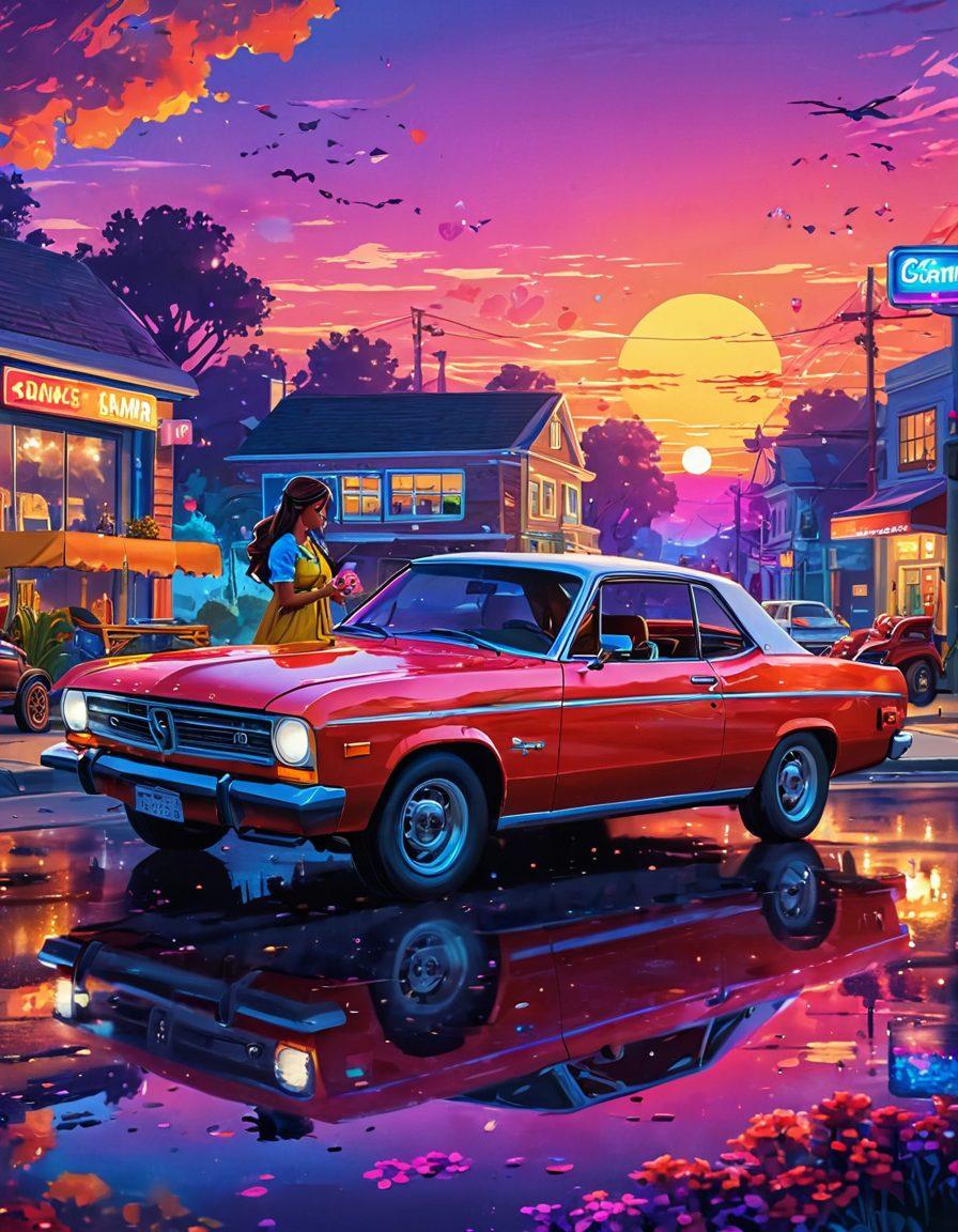 A romantic scene set in a vibrant gaming world, featuring a couple leaning against a colorful retro car parked by a pixelated sunset. The backdrop includes playful elements of gaming, such as power-ups and hearts floating in the air. The couple is sharing a laugh, encapsulating a sense of adventure and love intertwined with gaming culture. super-realistic. vibrant colors. pixel art.