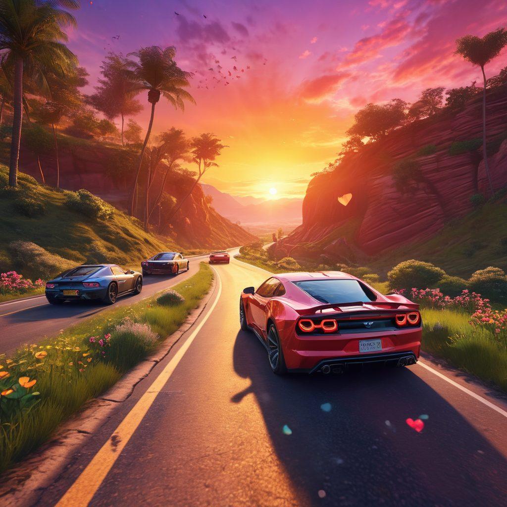 A vibrant scene depicting a romantic sunset drive with a couple enjoying a multiplayer driving simulation. The image should feature sleek, colorful cars racing on a winding road, surrounded by lush landscapes. Incorporate playful elements like hearts and game controllers subtly in the background to symbolize love and gaming. The atmosphere should resonate with excitement and connection, with a hint of nostalgia. super-realistic. vibrant colors. 3D.